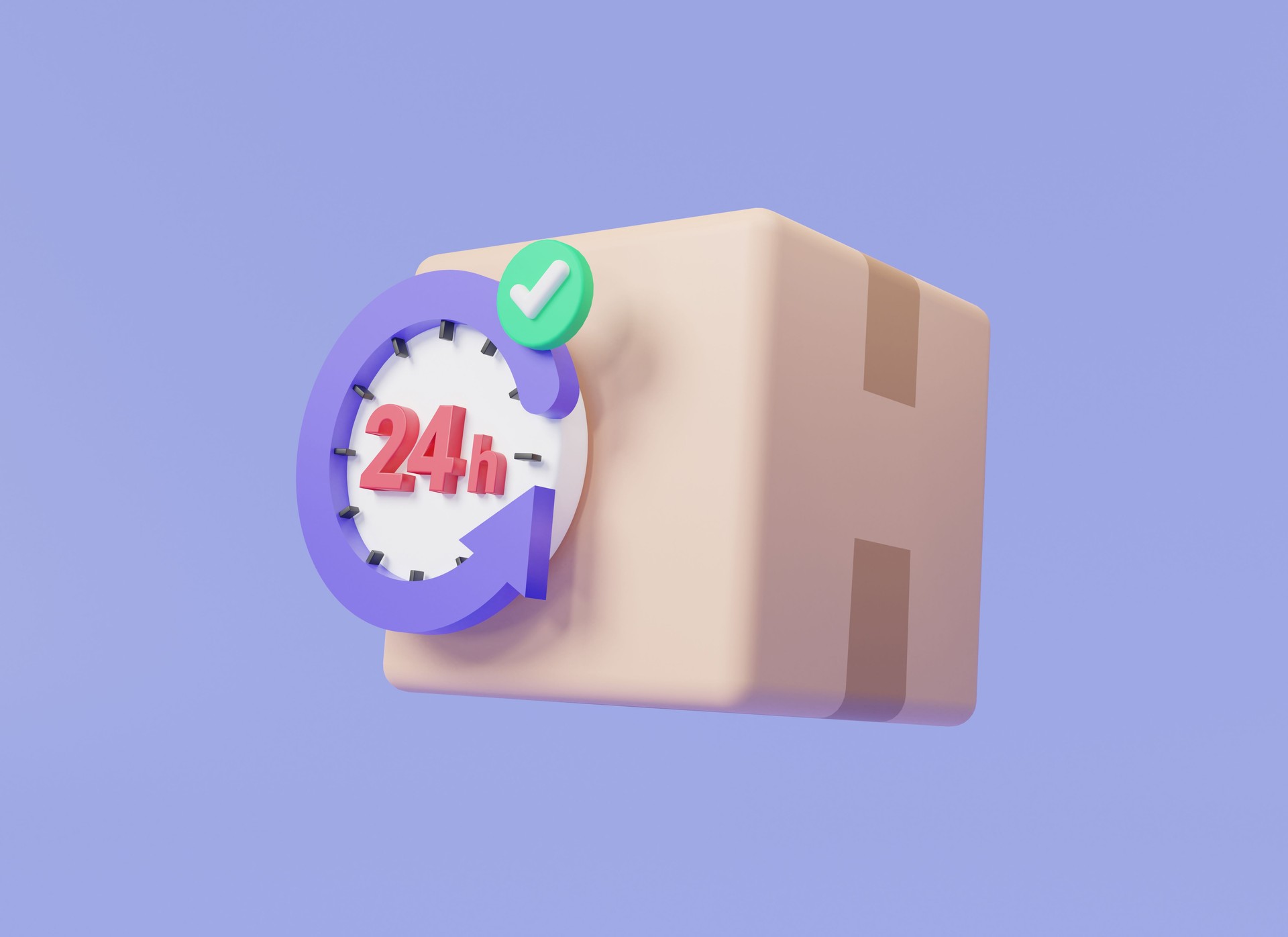 Parcel box with clock 24h and check mark. 24h fast delivery and tracking service, Express delivery, Fast parcel shipping, Order, Delivery time. Fast delivery concept. 3d minimal render illustration